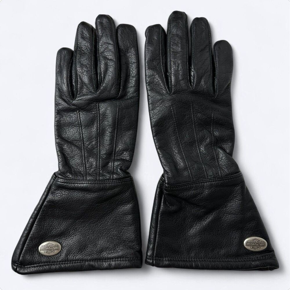 Harley Davidson Black Leather Gauntlet Gloves Womens XS Riding Motorcycle Padded